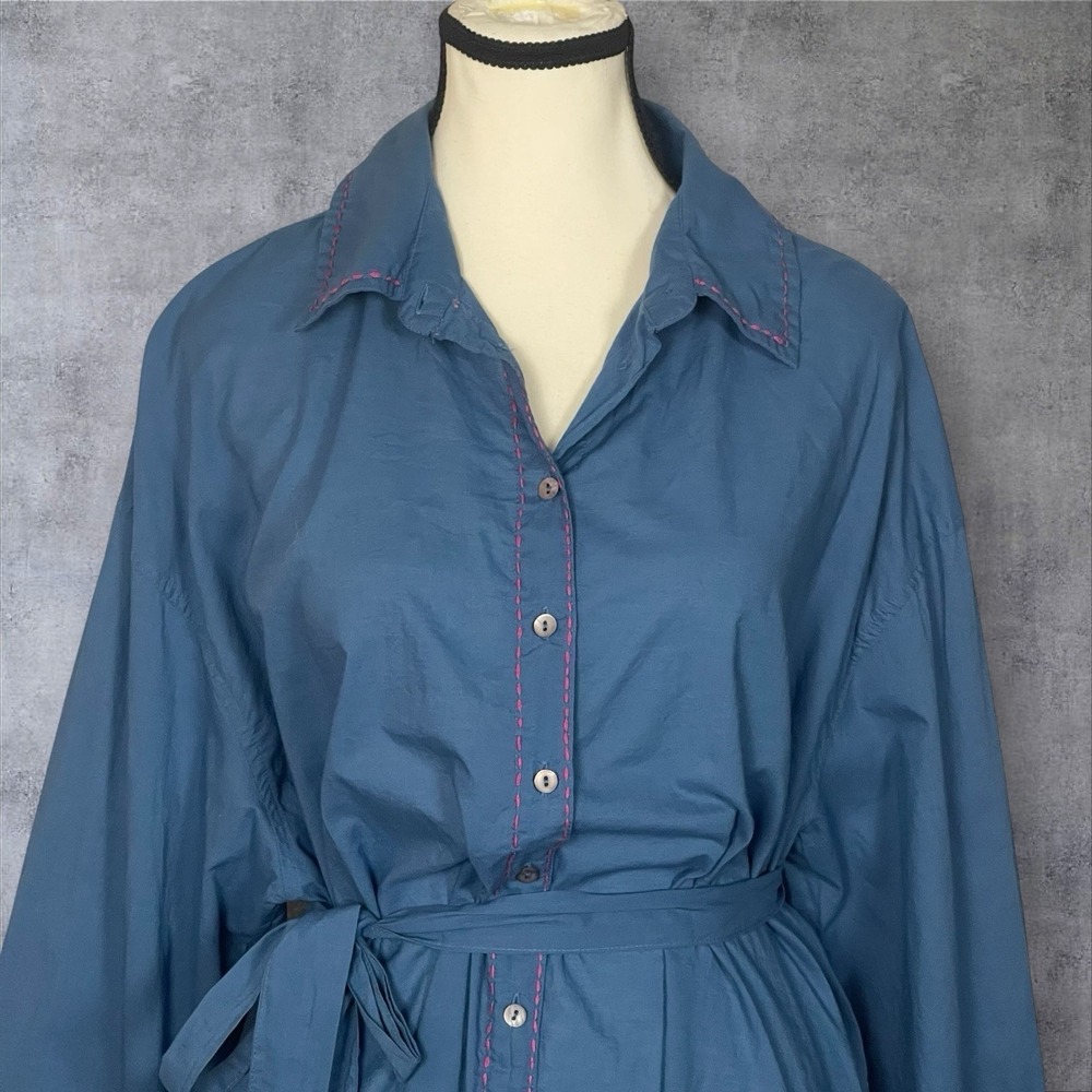 Natural Life Blue Button Front Shirt Dress Womens LXL Star Elbow Patches Cotton - Picture 2 of 12